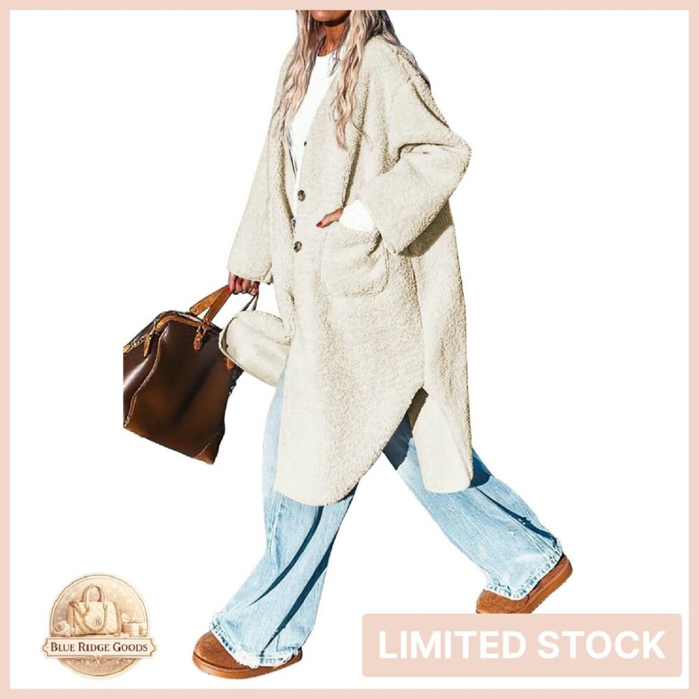 Faux Fur Sherpa Long Jacket Button Down Open Front Cozy Winter Outerwear